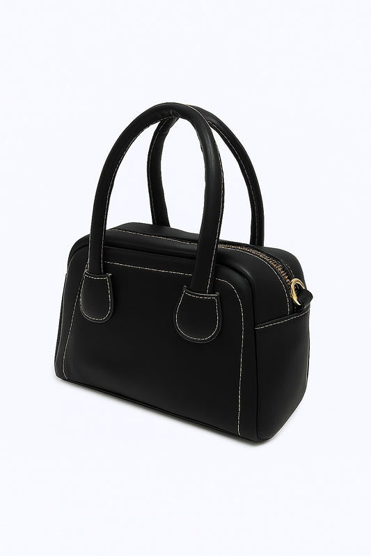 Siyah Kadın El ve Omuz Çantası - Kontrast Dikişli Şık Tasarım | Kumsal Allure