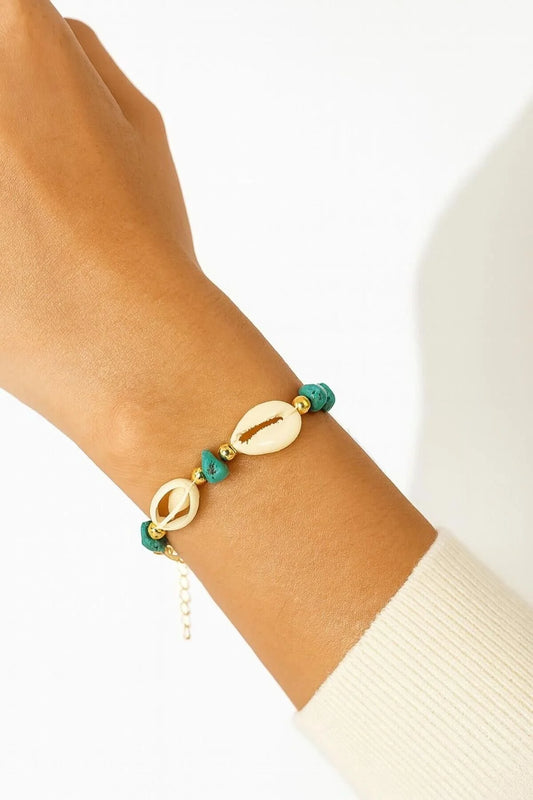 Doğal Deniz Kabuğu ve Turkuaz Taşlı Bileklik – Bohem