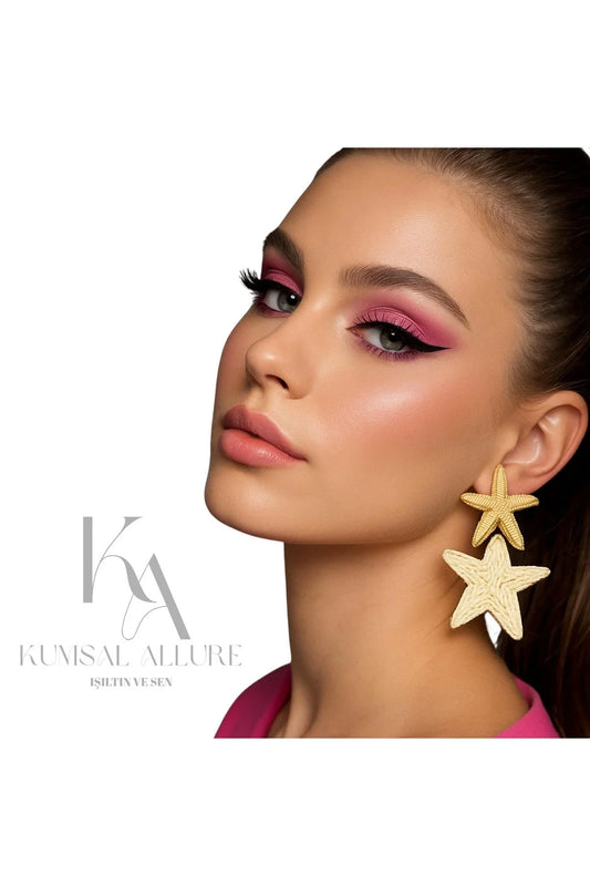 Deniz Yıldızı & Hasır Yıldız Çiftli Sallantılı Küpe – Altın Ton, Büyük Boy