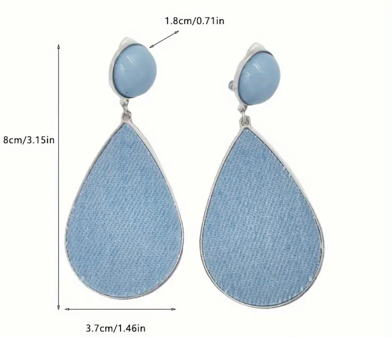 Denim (Kot) Damla Klipsli Küpe – Mavi Sallantılı, Gümüş Ton Çerçeveli