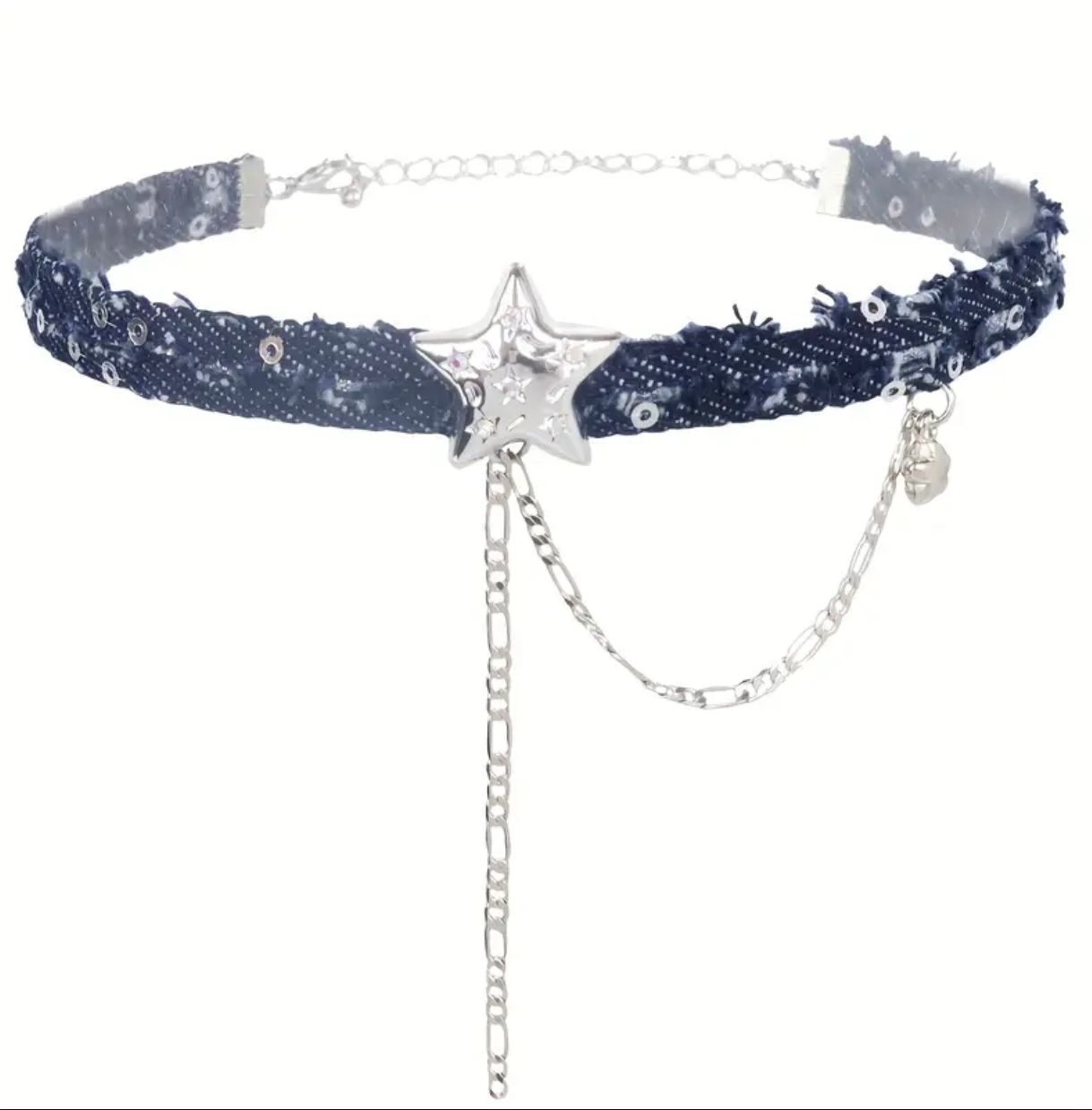 Kot Denim Yıldız Choker Kolye – Zincir & Pul Detaylı, Ayarlanabilir
