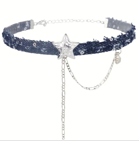 Kot Denim Yıldız Choker Kolye – Zincir & Pul Detaylı, Ayarlanabilir
