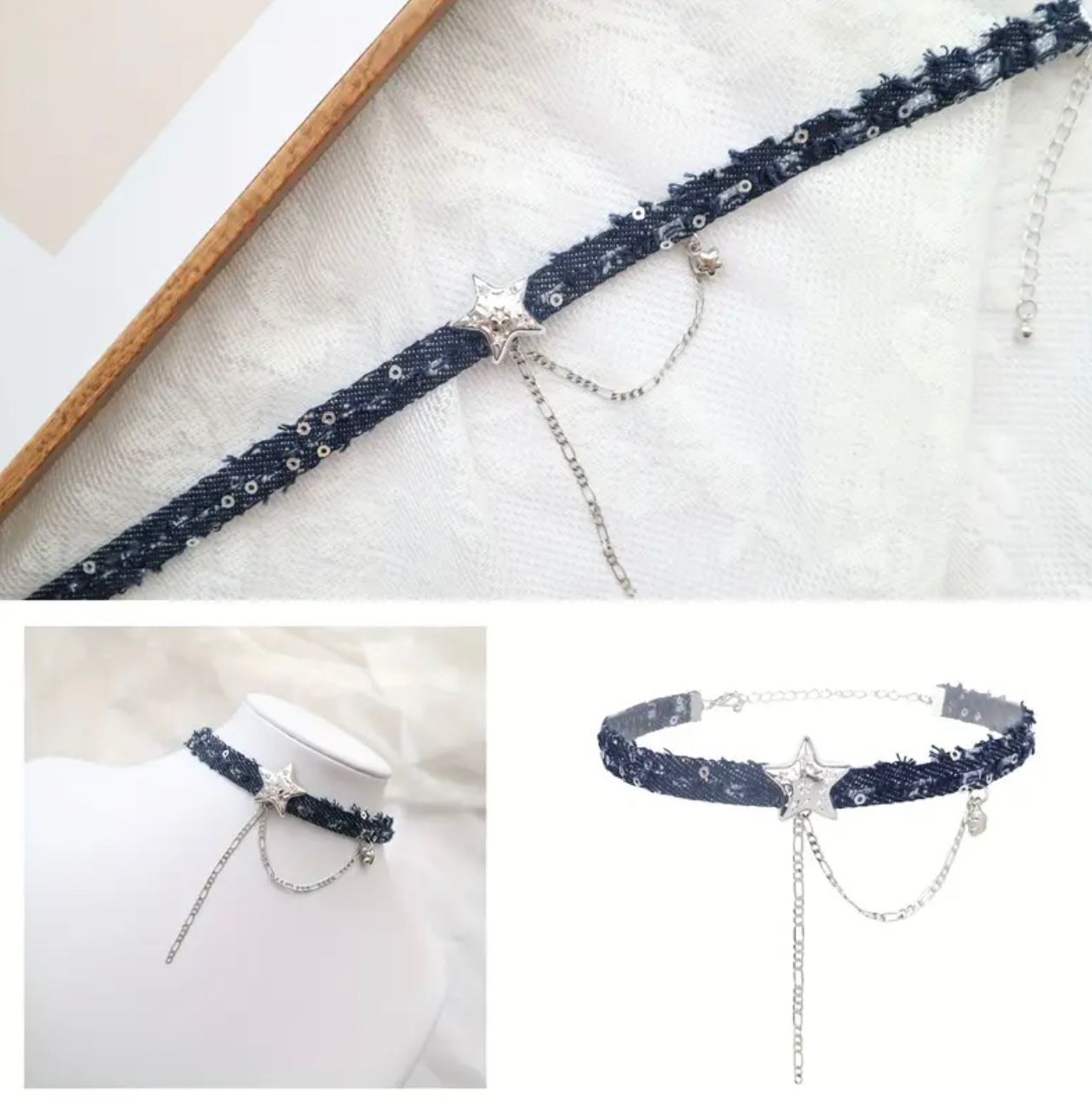 Kot Denim Yıldız Choker Kolye – Zincir & Pul Detaylı, Ayarlanabilir