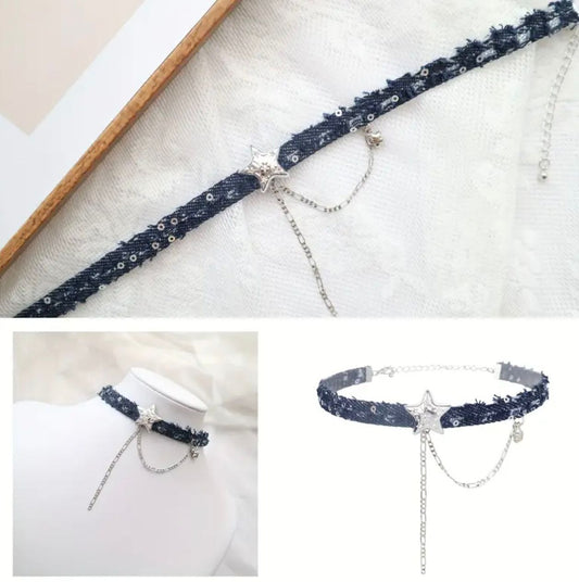 Kot Denim Yıldız Choker Kolye – Zincir & Pul Detaylı, Ayarlanabilir